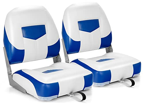 GYMAX Lot de 2 Sièges de Bateau Pliant, Chaises de Bateau avec Dossier Ergonomique & Anti-Usure, Convient pour Yacht, Bateau de Pêche, Bleu+Blanc