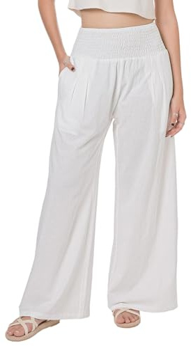 Lofbaz Femme Pantalon Large Été en Coton et Lin Fluide Palazzo Plage Taille Haute Bohème Long Pantalon de Salon avec Poches Blanc 2XL