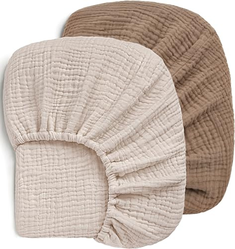 Pro Goleem Muslin Crib Sheets, 100% Cotton Crib Sheets for Boy Girl, 2 Pack Breathable Soft Neutral Baby Bed Sheets Set, Fits Standard Crib Mattress & Toddler Mattress 52x28, (Brown＆Beige)