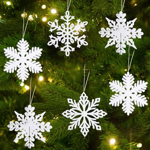 Schneeflocken Weihnachtsanhänger, 24 Weihnachtsbaumschmuck Weihnachtsanhänger, Weihnachten Deko Weihnachtsbaum Anhänger mit 24 Seilen, Christbaumanhänger für Weihnachtsdekorationen Party (Weiß)