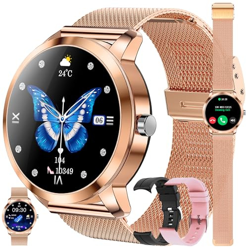 Smartwatch Kvinnor med Telefonfunktion, Fitness Tracker 1,09 Pekskärm, Smartklocka med Sömnmonitor Pulsmätare 123 Sportlägen Sportklocka Fitnessklocka Armbandsur för Android IOS, Gåvor Kvinnor (Guld)