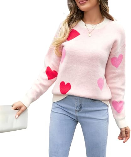 Pulls Femme Saint-Valentin Amour Cœur Pulls tricotés Saint-Valentin Cœur Manches Longues Col Rond Oversized Pulls en Grosse Maille Peluche Saint-Valentin Cœur Pulls tricotés Casual Tops avec Cœur