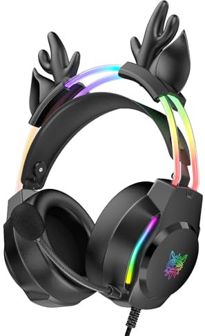 ONITOON Gaming Headset with Microphone, Deer Ears Headphones for PC Laptop PS4 PS5 Xbox Switch, Rainbow RGB Lighting & Virtual Surround Sound, 3.5mm Over Ear Headphones, Ergonomic