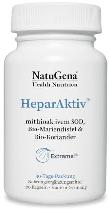 NatuGena HeparAktiv, bioaktive Superoxiddismutase (SOD), Mariendistel & Koriander, Algen Arten Spirulina, Chlorella, 120 Kapseln (1 Monats Packung)