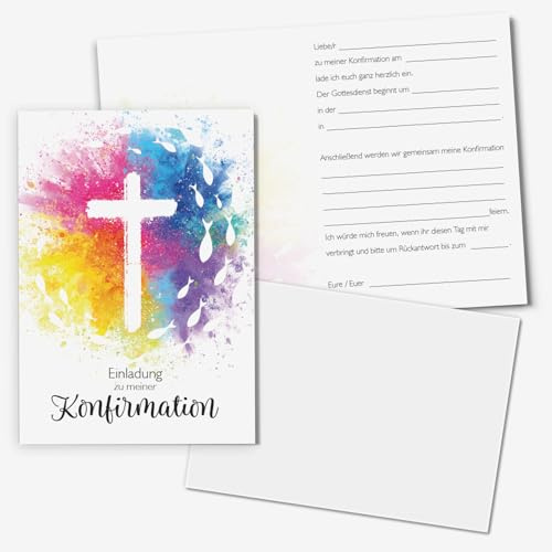younikat Einladungskarten-Set Konfirmation I 15 Stück I DIN A6 zum Ausfüllen mit Lückentext I inkl. 15 Stück passenden Umschlägen I Klappkarte bunt Fische Kreuz I Konfirmationsfeier I dv1561