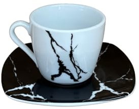 Omniacasa Servicio de tazas de café de 12 piezas para 6 personas efecto mármol, color blanco y negro, diseño moderno de porcelana resistente, lavables en lavavajillas y aptas para microondas