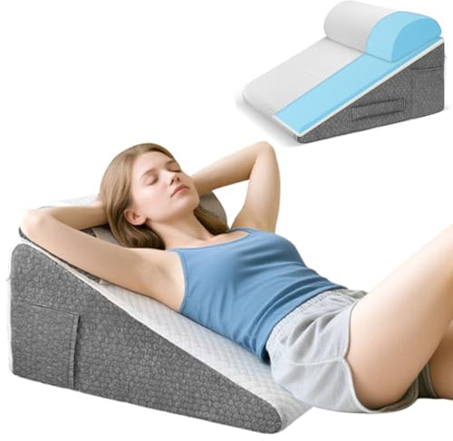 Neulriscn Bed Wedge Pillow, Memory Foam Triangle Pillow Support Cushion with Headrest for Acid Reflux, Snoring, Back Support Pillow for Sitting Up in Bed, Incline Cushion for Sleeping Upright, Reading