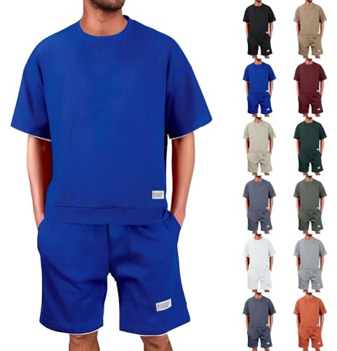 Generisch Tuta Estiva,Set T-Shirt e Pantaloncini,Waffle Tuta da Jogging da Uomo,Maglietta a Maniche Corte + Pantaloni Corti da Jogging,set da 2 pezzi, estiva per il fitness Y2K
