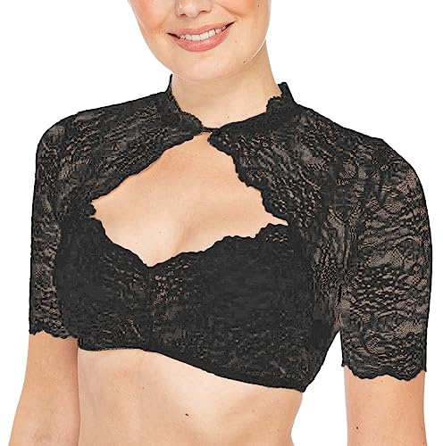Dirndl Camicetta da donna nera moderna elegante camicetta Dirndl in pizzo maniche ad ali con abbottonatura, camicetta bavarese, A04-nero., XXL