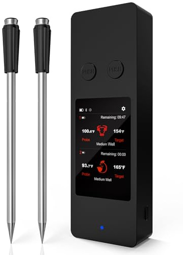 2 Probes Bluetooth Wireless Meat Thermometer with App, Touch Screen, Audible Alarm, 800ft Range & Rechargeable Base, Kitchen Food Thermometer for Cooking, BBQ, Smoker | Stocking Stuffers for Men