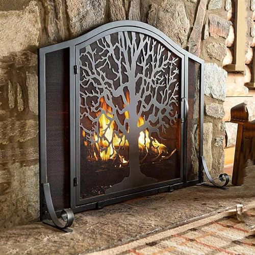 Black Wrought Iron Fireplace Screen Door, for Living Room Wood Burning Stove Decorative,with Tree of Life Design Metal Mesh Fire Spark Guard Grate