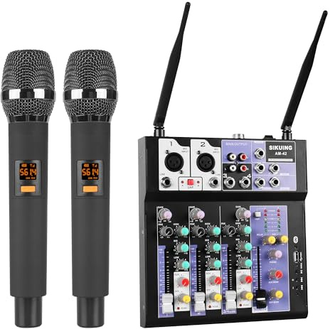 SIKUING Mezclador inalámbrico para 2 micrófonos, mesa de mezclas DJ profesional de 4 canales con Bluetooth/USB, alimentación fantasma de 48V, compatible con karaoke, reuniones y grabación en estudios