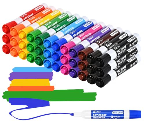 SUIN Lot de 36 Marqueurs pour Tableau Blanc – 12 Couleurs x3 – Pointe 2,7 mm – Effaçables à Sec – Encre Faible Odeur – Grand Pack Économique pour École et Bureau