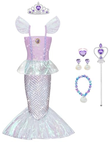 BSBUY Sjöjungfru flicka kostym, sjöjungfruprinsessklänning med kronhalsband och trollstav, liten sjöjungfruklänning, halloweenfest, födelsedagsfest