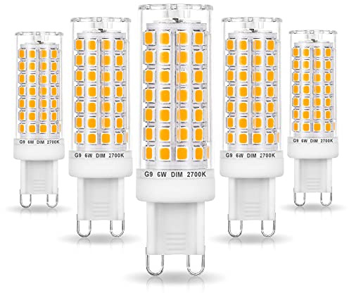 Ziomitus No Flicker G9 Led Bulbs Dimmable 6W Soft Warm White 2700K,40W 50W 60W Halogen Equivalent,AC120V Dimmable G9 T4 LED Bulb for Chandelier Pendant Ceiling Wall Light,600LM,360Deg(5Pack)