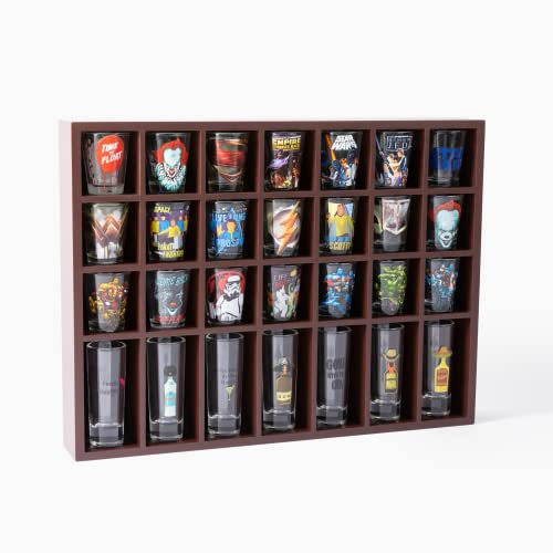 DECOMIL Shot Glass Display Case for Wall & Free Standing with Holder for 28 Tall Shot Glasses, Solid Wood Rack Without Door