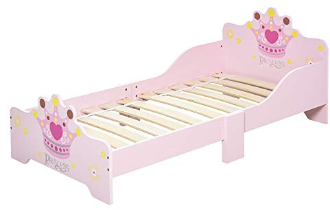 HOMCOM Barnsäng - barnsäng design prinsessmönster krona - ribbotten ingår - MDF rosa plywood