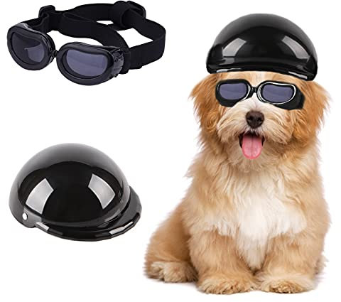 HACRAHO Haustierhelm und Schutzbrillen-Set, 2 Stück Schwarzer Hundemotorradhelm und Hundesonnenbrille Haustierschutzkappe mit verstellbarem Riemen Haustierbrille für kleine Hunde