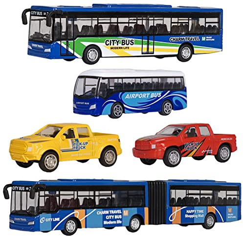 Crelloci 5Pcs Bus Toy Die Cast Pull Back Model Bus Set 3 Stagecoach Coach City Buses and 2 Mini Pickup Truck Kids' Play Car Set 3 4 5 Year Old Boys Girls Toddlers