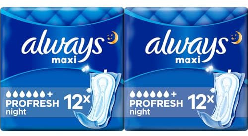 Always Maxi Serviettes Hygiéniques, ProFresh Night, 12 Serviettes Sans Ailettes, Flux Très Abondants Nuit, Cœur Ultra Absorbant et Neutralisation des Odeurs (Lot de 2)