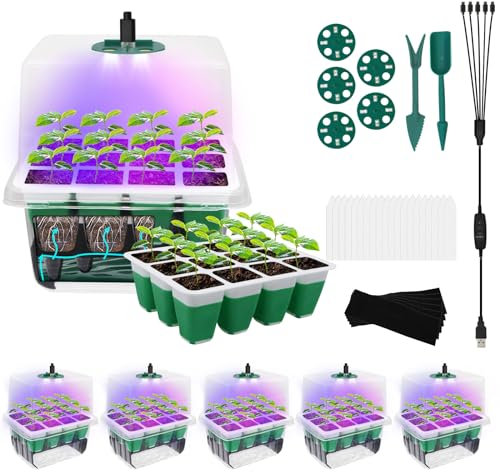 MYMULIKE Zimmergewächshaus Anzuchtkasten, 5 Stück Mini Gewächshaus Anzucht Set mit vollem Spektrum Pflanzenlampe, Selbstbewässernd Silikon Setzling Starter mit erhöhten Deckel für Sämling Pflanze