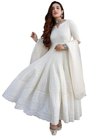 INDACORIFY Kurti Festif Indien en Pur Coton Chikankari Fait à la Main avec Ensemble Dupatta pour Femmes (FR/ES, Numérique, 44, Taille Normale, Taille Normale, Blanc cassé)