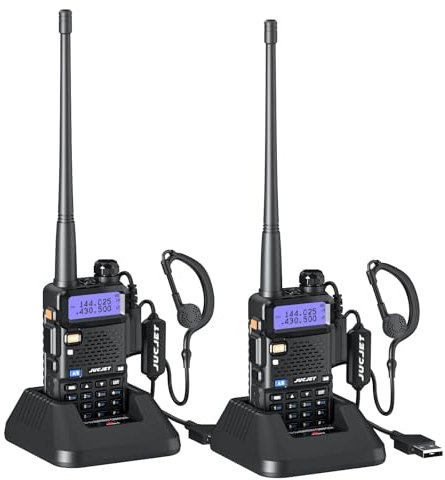 JUCJET 5R Walkie Talkies Rechargeable for Adults, Langstrecken Funkgerät für Erwachsene mit 128 Speicherkanäle, VOX, USB-Ladestation, Kopfhörer (Schwarz, 2 Stück)