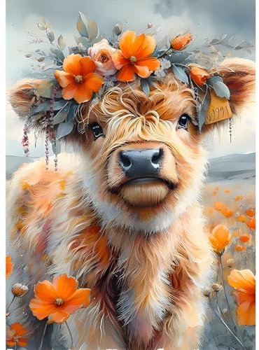 DPHERO DIY Hochlandkuh Diamant Painting Bilder für Erwachsene Anfänger,5D Kalb Diamond Painting Set,DIY Runde Steine Kuh Diamant Kunst Kits,Blumen Diamant Painting für Zuhause Dekor 30x40 cm