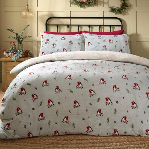 Dreams & Drapes - Copripiumino vintage rosso in pile con pettirossi - letto singolo (140 200 cm) - reversibile (2 fantasie) - copripiumino in morbido pile Teddy color carta da zucchero - Biancheria da