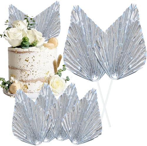 Gyufise 6Pcs Paper Palm Fan Cake Toppers Palm Spear Leaves Fan Cupcake Toppers Cake Insert Decorations Craft DIY Cake Bakeware Decoration for Birthday Party Wedding Party Decor Supplies Light Silver
