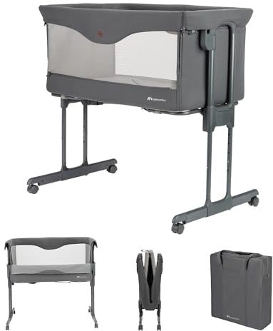 Bebeconfort Amara, Baby Bedside Crib, 0-6 Months, 0-9 Kg, Co Sleeper Crib, 2-In-1 Co Sleeper and Bassinet, 3-Second Compact Fold, Easy to Move Around, Handy Travel Bag, Tinted Graphite