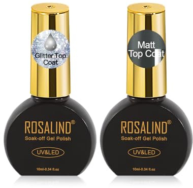 ROSALIND Glitter matt topplack halvpermanent lack, 2 st 10 ml halvpermanent glitter matt topplack soak-off UV LED för gelnagellack nagelkonst manikyrset