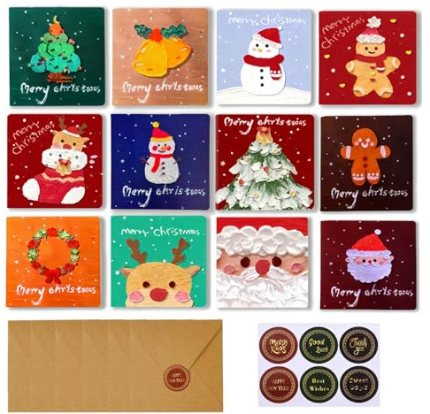 XiLayNeen 24 Biglietti Auguri Natale con Busta,Cartoline di Natale Piegate,Cartoline Natalizio in Stile Dipinto a Olio,Mini Biglietto Natalizi Christmas Cards,Regalo Natalizio per Familiari Amici