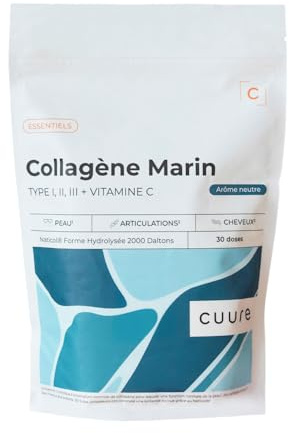 Collagène Marin Hydrolysé Naticol® type 1, 2 & 3 + Vitamine C en Poudre - CUURE - Peptides Brevetés - Dosage Optimal 6g par Portion - [210g] - Peau & Articulations - Fabriqué en France
