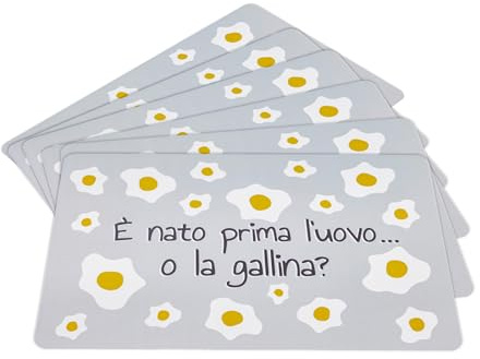 Baroni Home Set 6 Tovagliette Colazione in PP, Tovagliette con Stampa Rettangolari, Tovaglietta Antimacchia, 43,5x28,5 cm È Nato Prima L'Uovo o La Gallina, Grigia e Gialla