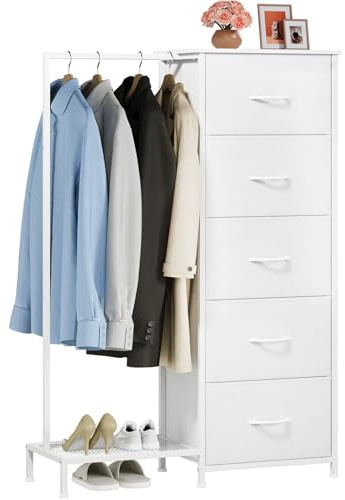 Somdot Dresser with Hanging Rack, 5 Drawers Small Closet for Bedroom, Reversible Dresser with Clothes Rack, Kids Dressers for Bedroom Chest of Drawers, Tall Storage Tower, White Leather