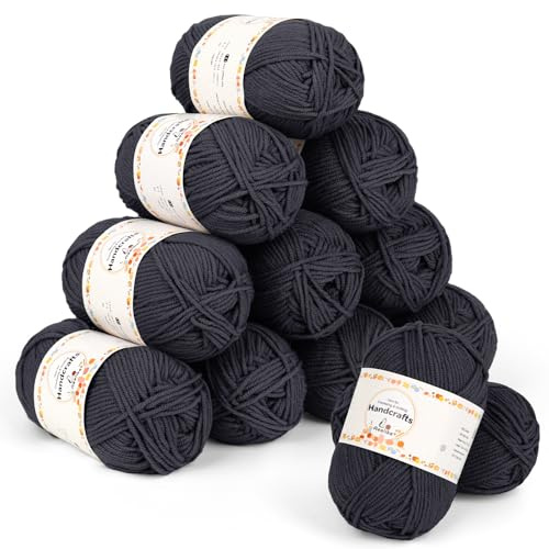 Aeelike 12-pack dubbel stickgarn, akrylull, virkgarn 50 g, 600 g mjuk 5-trådig mjölkbomullsgarn, stickull-set för nybörjare, virkning, amigurumi, barnfilt, strumpor och halsdukar (mörkgrå)
