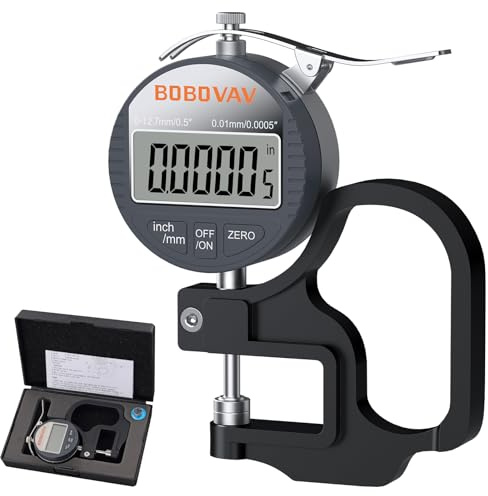 BOBOVAV Medidor de espesor digital de 0 a 12,7 mm, resolución de 0,01 mm, medidor de espesor con conversión de pulgadas/mm, pantalla LCD precisa, herramienta de medición para cuero, papel, alambre