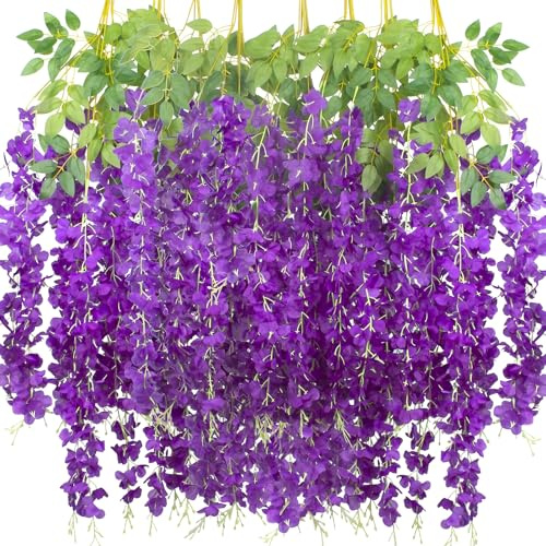 12 stycken konstgjorda blåregn | 110 cm lång, hängande sidenblomkrans med trippelhandtag | för bröllop, fest, räcke och heminredning inomhus/utomhus (lila)