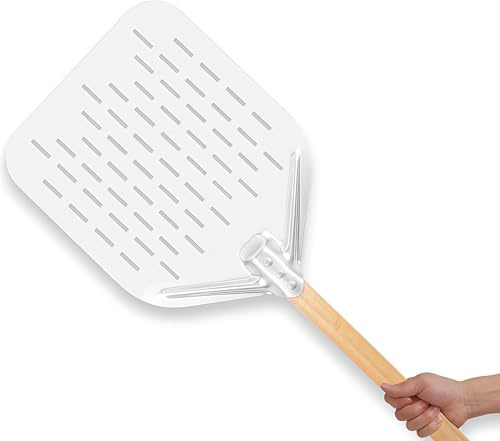 NSXVIA Pala per pizza perforata 39,5 x 30 x 2 cm – Pala per pizza in alluminio con manico rimovibile in legno leggero peel, paletta per forno, accessori per pizza (Wood)