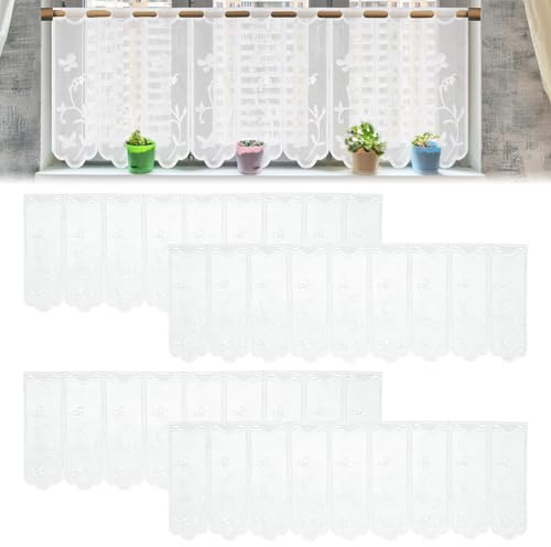 4 Pcs 130*45cm Cortina Ventana Pequeña para Cocina Baño Salon Visillos Cortos de Gasa Modernos Estilo Rústico con Ojales de 2.5cm Blancas Translucidas Bordado Mariposas y Flores Tejido Calado