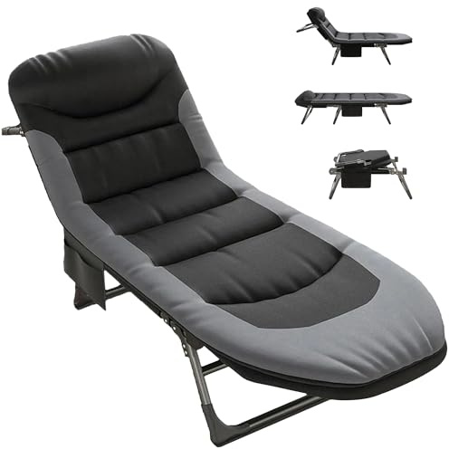BQSWYD Camping Bed Folding Extra Wide with Mattress, 6-Way Adjustable Camping Lie, Carp Lie, Foldable Camping Bed 190 x 65 x 30 cm, up to 160 kg, for Balcony, Beach, Garden (Black)