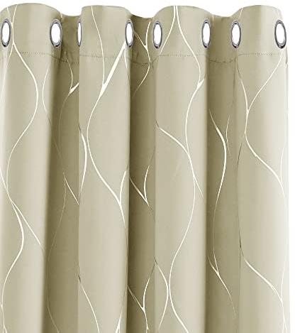 Deconovo Silver Wave Foil Printed Thermal Insulated Blackout Curtains, Eyelet Curtains for Bedroom, 66 x 54 Inch(Width x Length), Beige, 2 Panels