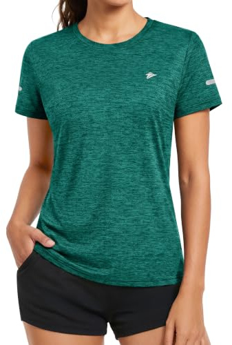 KEFITEVD Atmungsaktiv Tshirt Damen Sport Stretch Laufshirt Kurzarm Golf Shirt Leicht Dünn Yoga Oberteil Frauen Rundhals Schnelltrocknend Fitnessshirt Meliert Jadegrün XXL