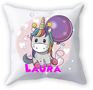 Overthetee, Cuscino Unicorno Personalizzato con Nome – Cuoricini e Unicorni per Bambina, Idea Regalo, 40x40 cm, Morbido e Lavabile, Made in Italy