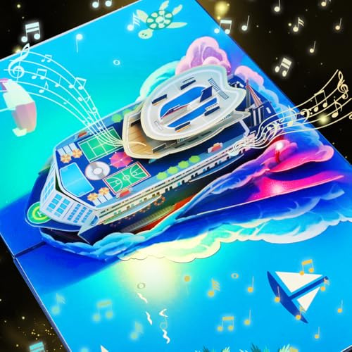 CNLITIHEKA Carte pop-up musicale motif bateau de croisière - Cartes d'anniversaire lumineuses et musicales | Carte d'anniversaire 3D pop up musicale pour la fête des pères, pour toutes les occasions avec enveloppe.