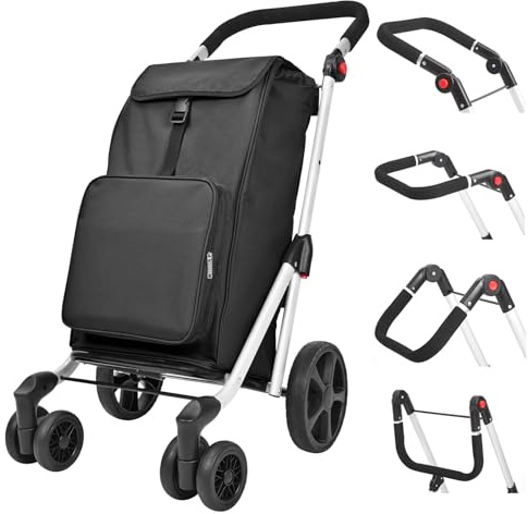 LEUYA ABC Carros de Compra, 45L Carrito Plegable para Supermercado de 6 Ruedas, con Bolsillo para Congelados, Manillar Regulable, Carro de la Compra de Aluminio (Negro)