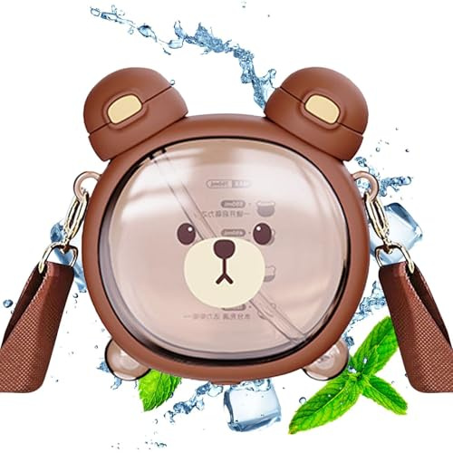 Youngwier Bär Wasserflasche, Kawa-ii Trinkflasche 750 Ml Große-kapazität Trinkflasche Mit Strohhalm Und Riemen,Tragbar Auslaufsicher Trinkbecher Für Teenager Mädchen Schule Sportmilchsaft Trinkflasche