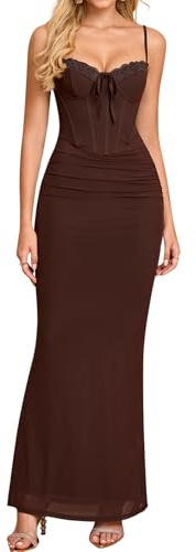 KUTUMAI Vintage Lace Corset Floral Maxi Long Dress Bodycon Ruched Tie Formal Wedding Guest Dresses for Women Elegant Brown XL