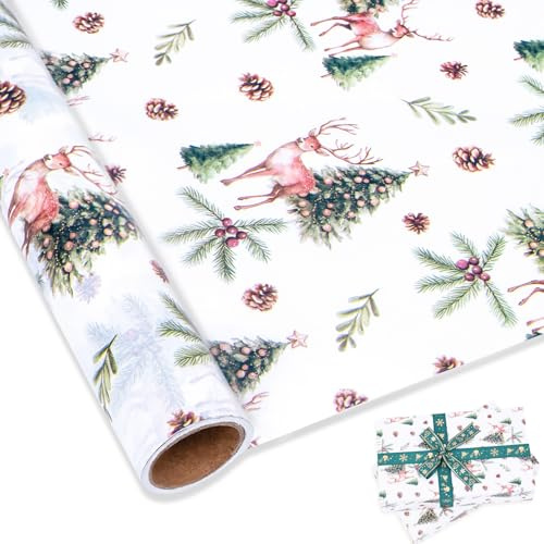 Larcenciel Rollo de Papel de Seda Navidad, 10 m x 43 cm Elegante Papel Seda para Envolver de Verde con Renos y Árboles de Navidad, Exquisito Embalaje Regalo para Año Nuevo Fiesta Cumpleaño Boda DIY